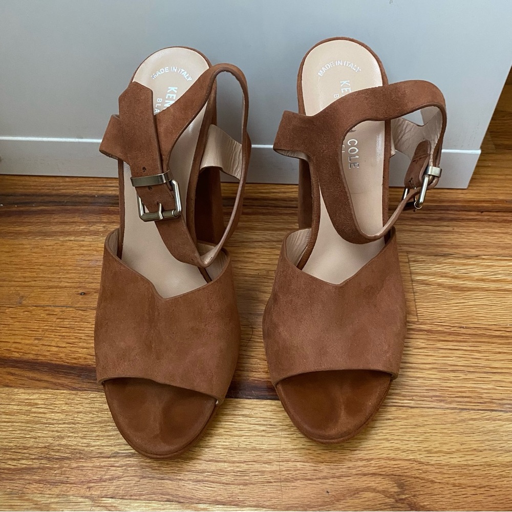 Kenneth Cole Black Label Suede Strappy Heeled Sandals | Cognac Brown | Size 7.5
